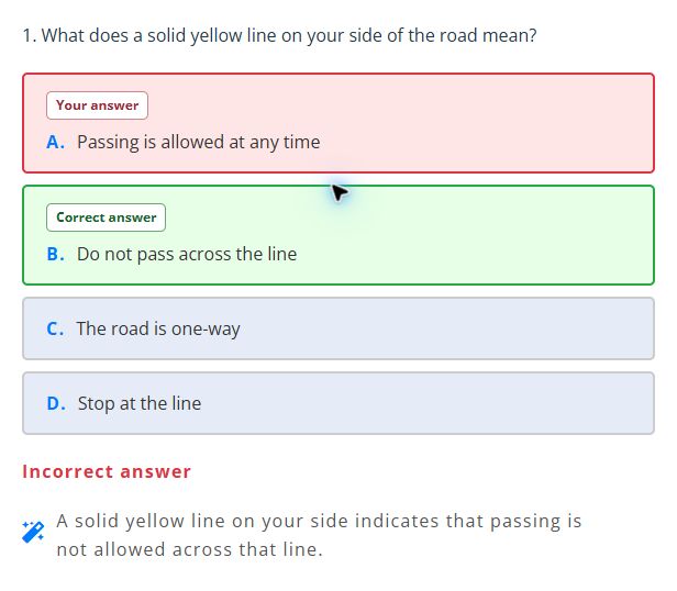 Example answer review showing your answer, the correct answer, and an explanation